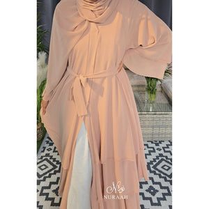 CHIFFON LAYERED OPEN FRONT ABAYA WITH HIJAB AND BELT APRICOT - NURAAH