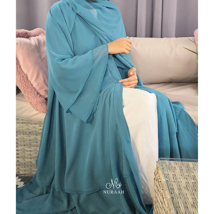 CHIFFON LAYERED OPEN FRONT ABAYA WITH HIJAB AND BELT PEACOCK BLUE - NURAAH