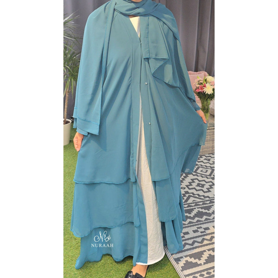 CHIFFON LAYERED OPEN FRONT ABAYA WITH HIJAB AND BELT PEACOCK BLUE - NURAAH