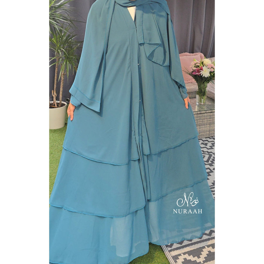 CHIFFON LAYERED OPEN FRONT ABAYA WITH HIJAB AND BELT PEACOCK BLUE - NURAAH