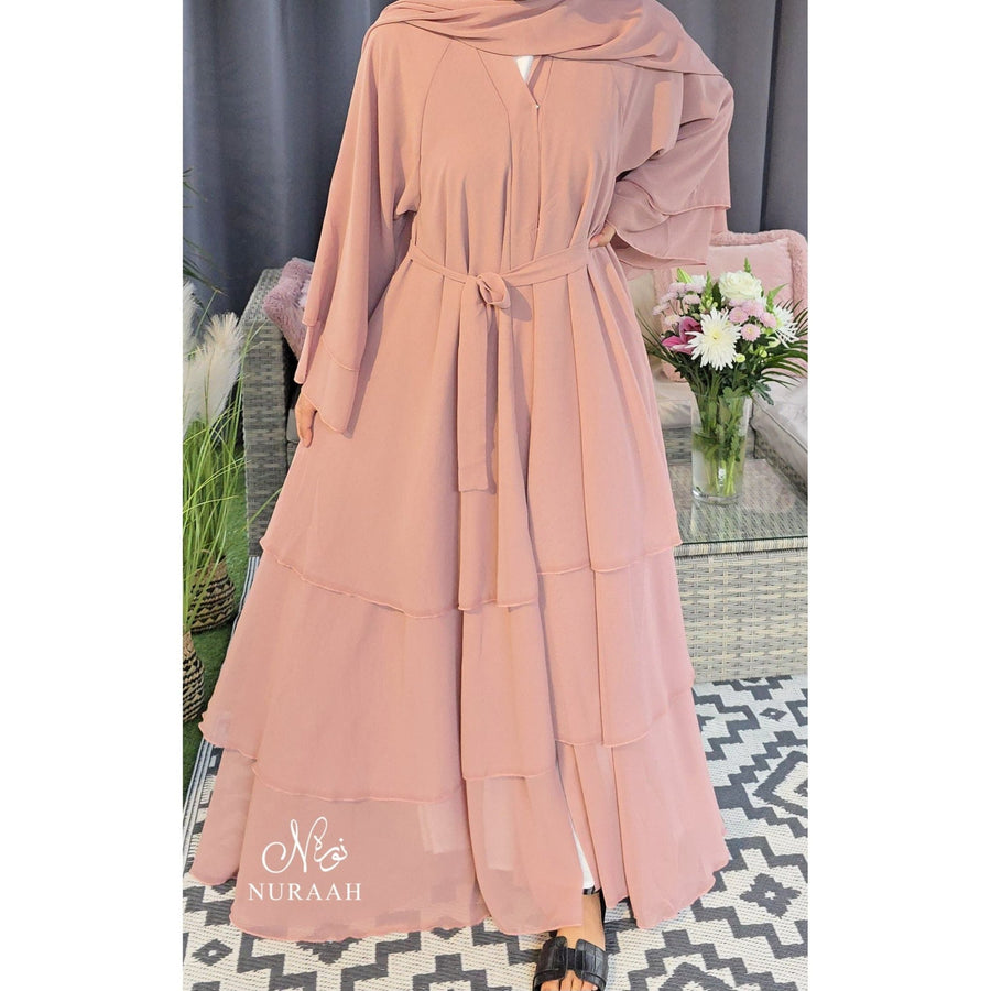 CHIFFON LAYERED OPEN FRONT ABAYA WITH HIJAB AND BELT ROSE BLUSH - NURAAH