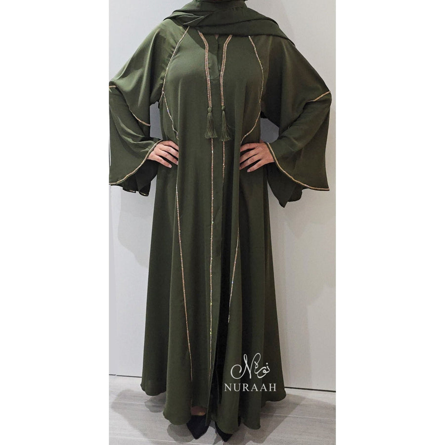 LINA EMBELLISHED FLARED ABAYA DARK OLIVE GREEN - NURAAH