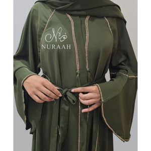 LINA EMBELLISHED FLARED ABAYA DARK OLIVE GREEN - NURAAH