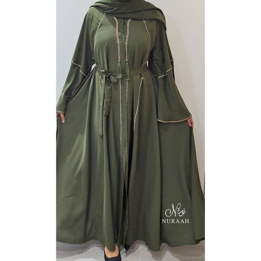 LINA EMBELLISHED FLARED ABAYA DARK OLIVE GREEN - NURAAH