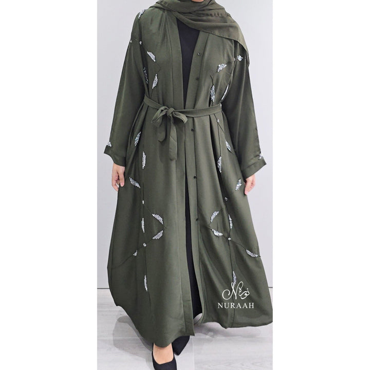 REEM HAND EMBELLISHED ABAYA OLIVE GREEN - NURAAH