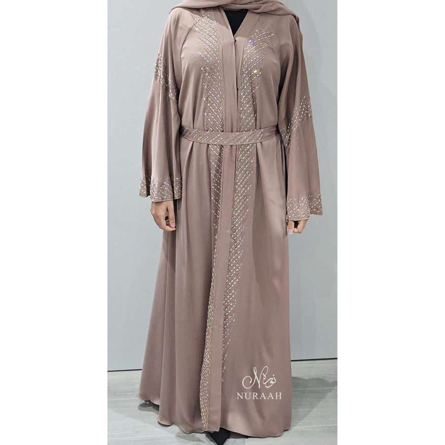 SAMARA EMBELLISHED FLARED ABAYA PASTEL BROWN - NURAAH